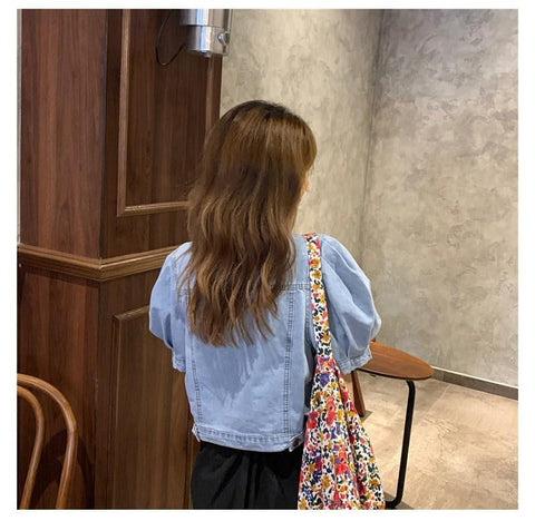 Solid Puff Sleeve Cropped Denim Shirts