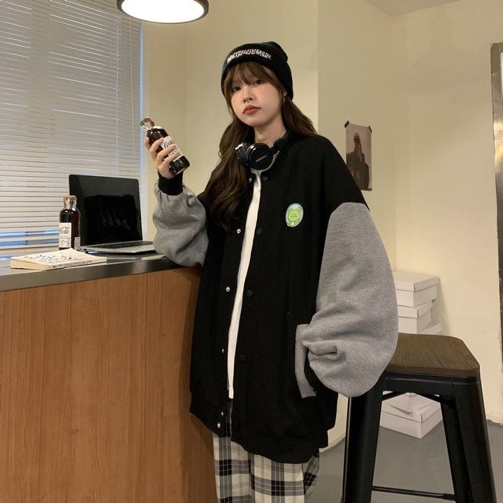 Cute Frog Embroidery Loose Baseball Jackets