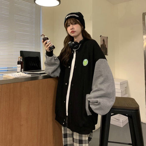 Cute Frog Embroidery Loose Baseball Jackets