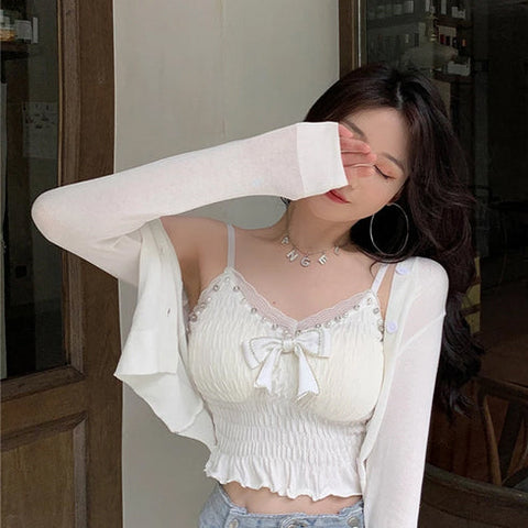 Bow Stitching Sling Ruffle Crop Tops