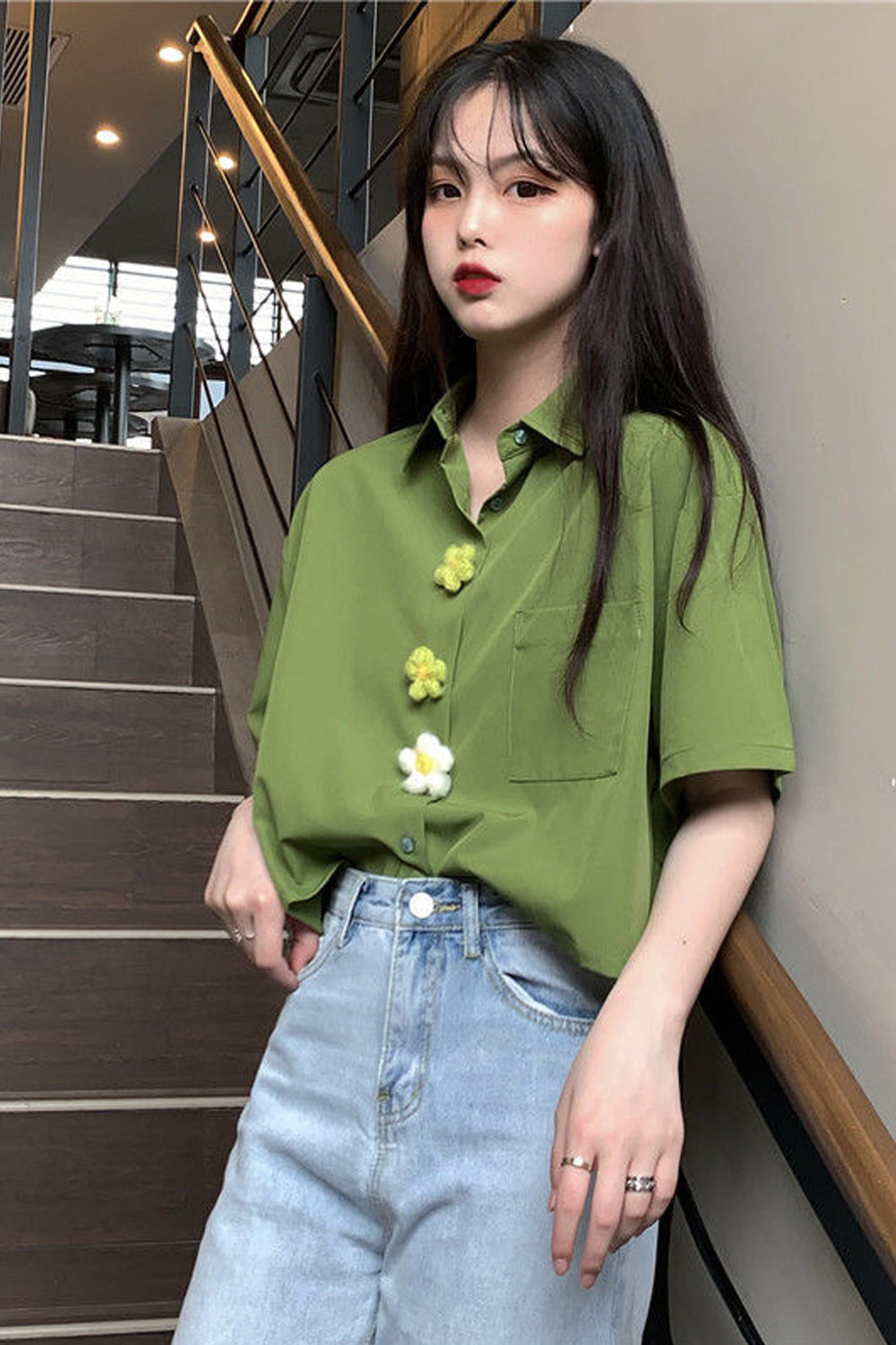 Flower Button Style Short Sleeve Blouse Shirt