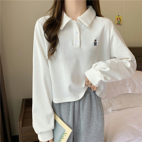 Long Sleeve Cartoon Pocket Embroidered Turn Down Collar Sweatshirt