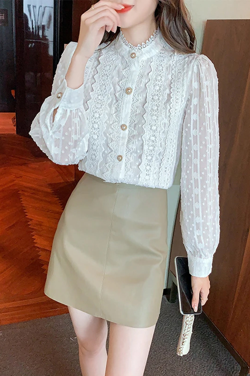 Long Sleeve Stand Neck Lace Blouse Shirt