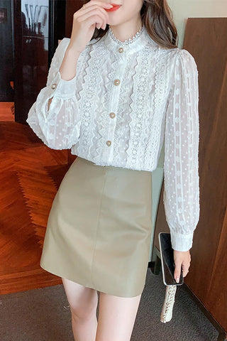 Long Sleeve Stand Neck Lace Blouse Shirt
