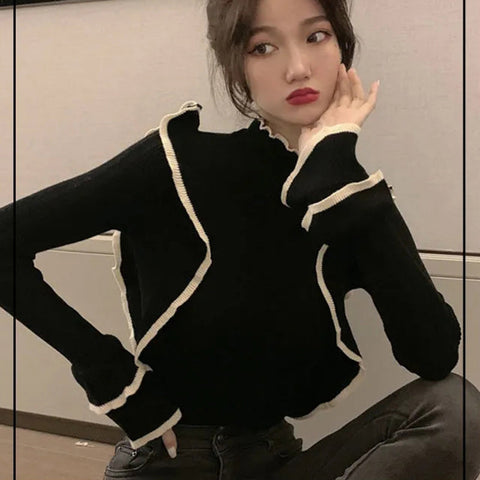 Vintage Ruffles Solid Slim Sweater