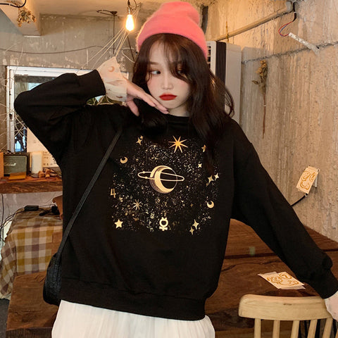 Sudadera informal con estampado de luna, estrellas y planetas 