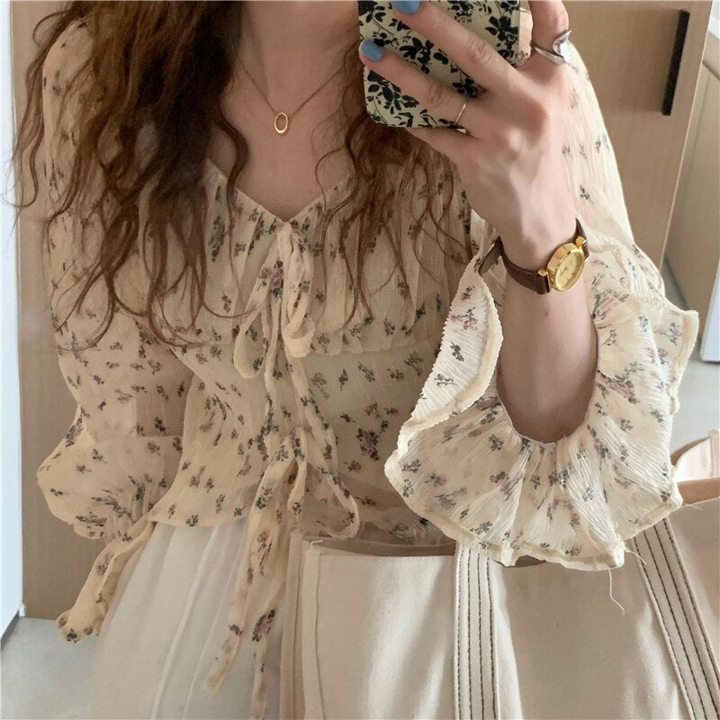 Loose Ruffle Florals Chiffon Sunscreen Blouse Shirt