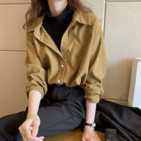 Fake Two Pieces Style Corduroy Blouse Shirt