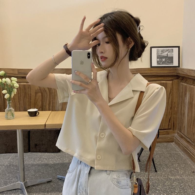 Notched Style Collar Cropped Blouse Shirt