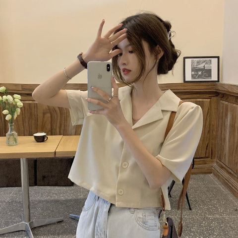 Notched Style Collar Cropped Blouse Shirt