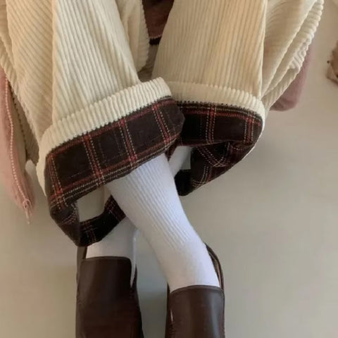 Loose Back Side Plaid Corduroy Long Pants