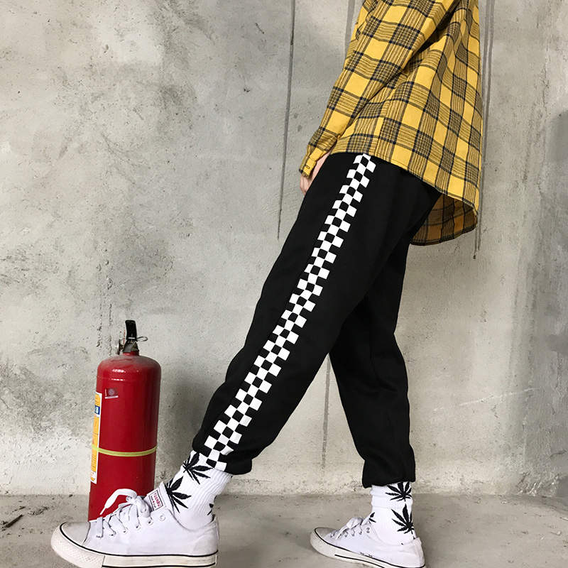 Casual Side White Black Plaid Harem Pants