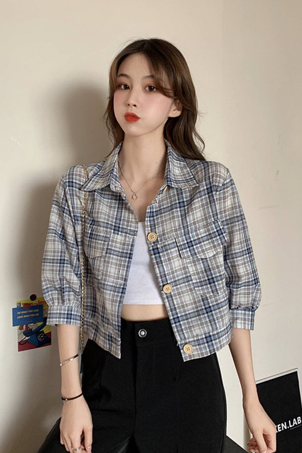 Three Quarter Sleeve Plaid Blouse Crop Top