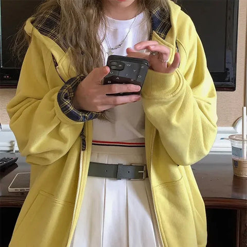 Long Sleeve Plaid Adjustable Zipper Hooded Sweatshirt