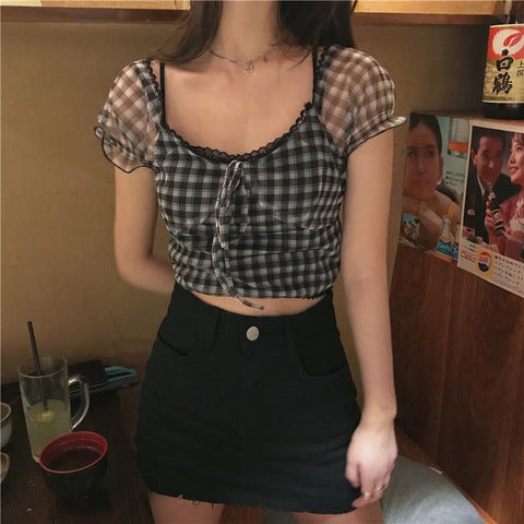 Retro Square Collar Chiffon Plaid Crop Tops