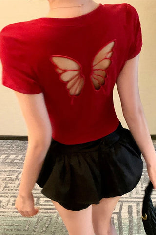 Sexy Butterfly Hollow Cut Pattern Cropped Slim Shirt