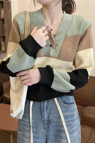 Lace Up Striped Color Knitted Sweater