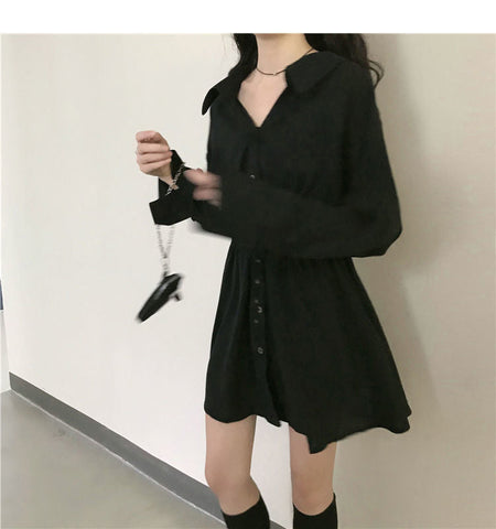 Long Sleeve Turn Down Collar Button Dress