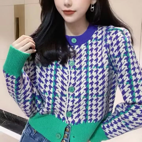 Long Sleeve Cute Colors Houndstooth Cardigan Sweater