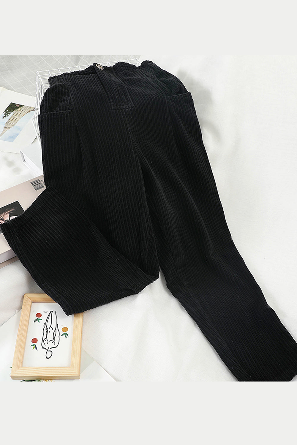 High Waist Solid Elegant Corduroy Pants