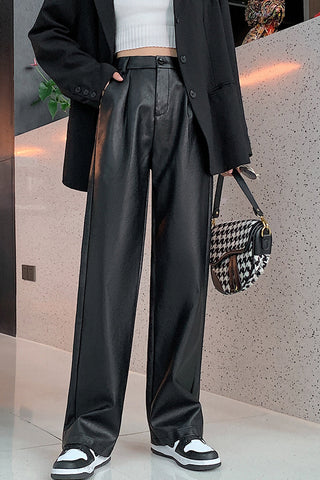 High Waist Black Leather Wide Leg Pants