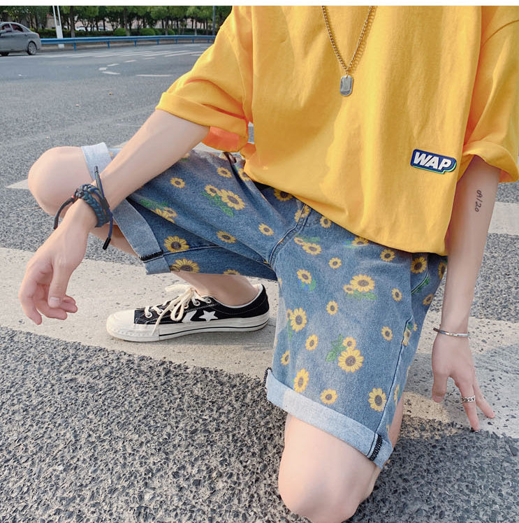 Sun Flower Pattern Denim Shorts Pants