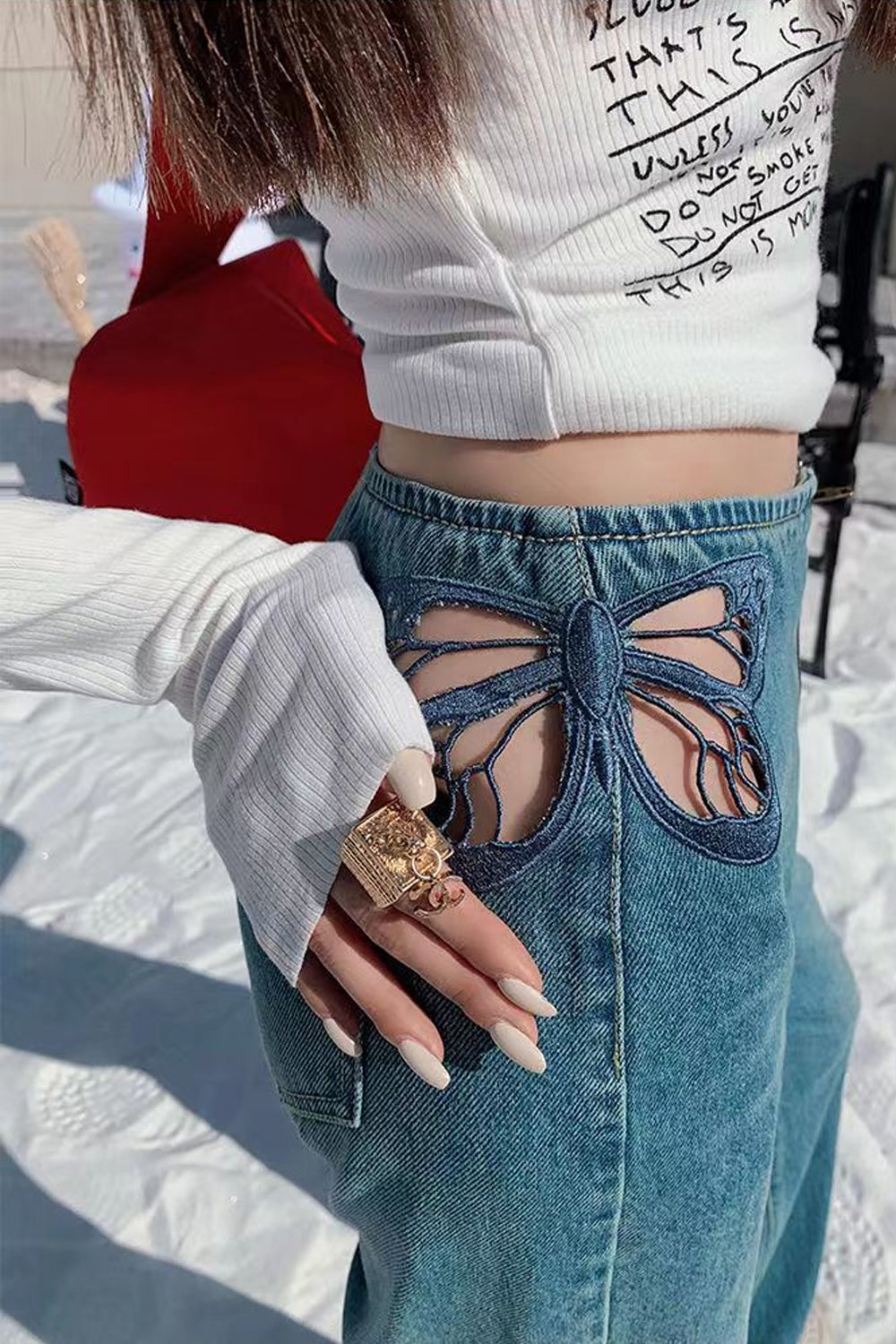 High Waist Butterfly Shaped Hole Jeans Pants