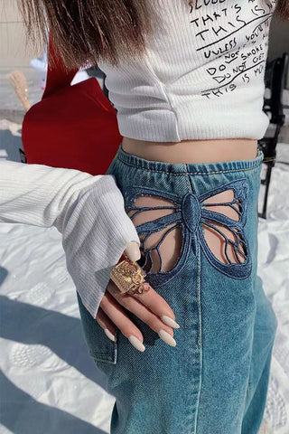 High Waist Butterfly Shaped Hole Jeans Pants