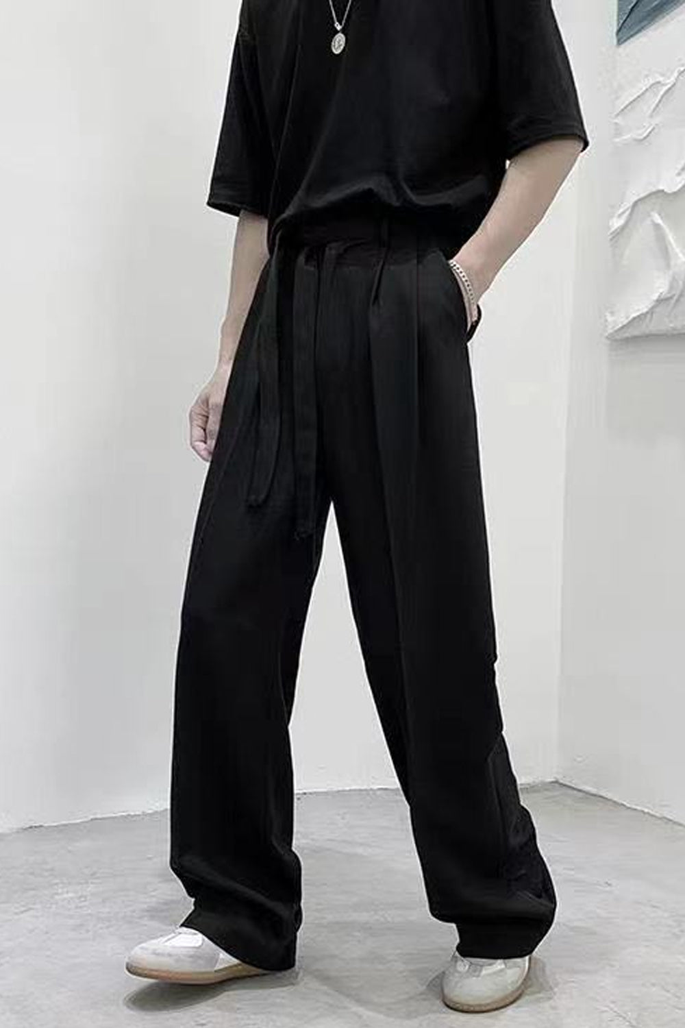 High Waist Loose Belted Straight Long Pants