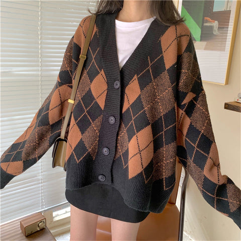 Argyle Pattern Black Color Block Cardigan Sweater