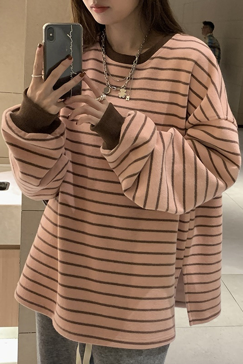 Long Sleeve Loose Pink Striped Shirt