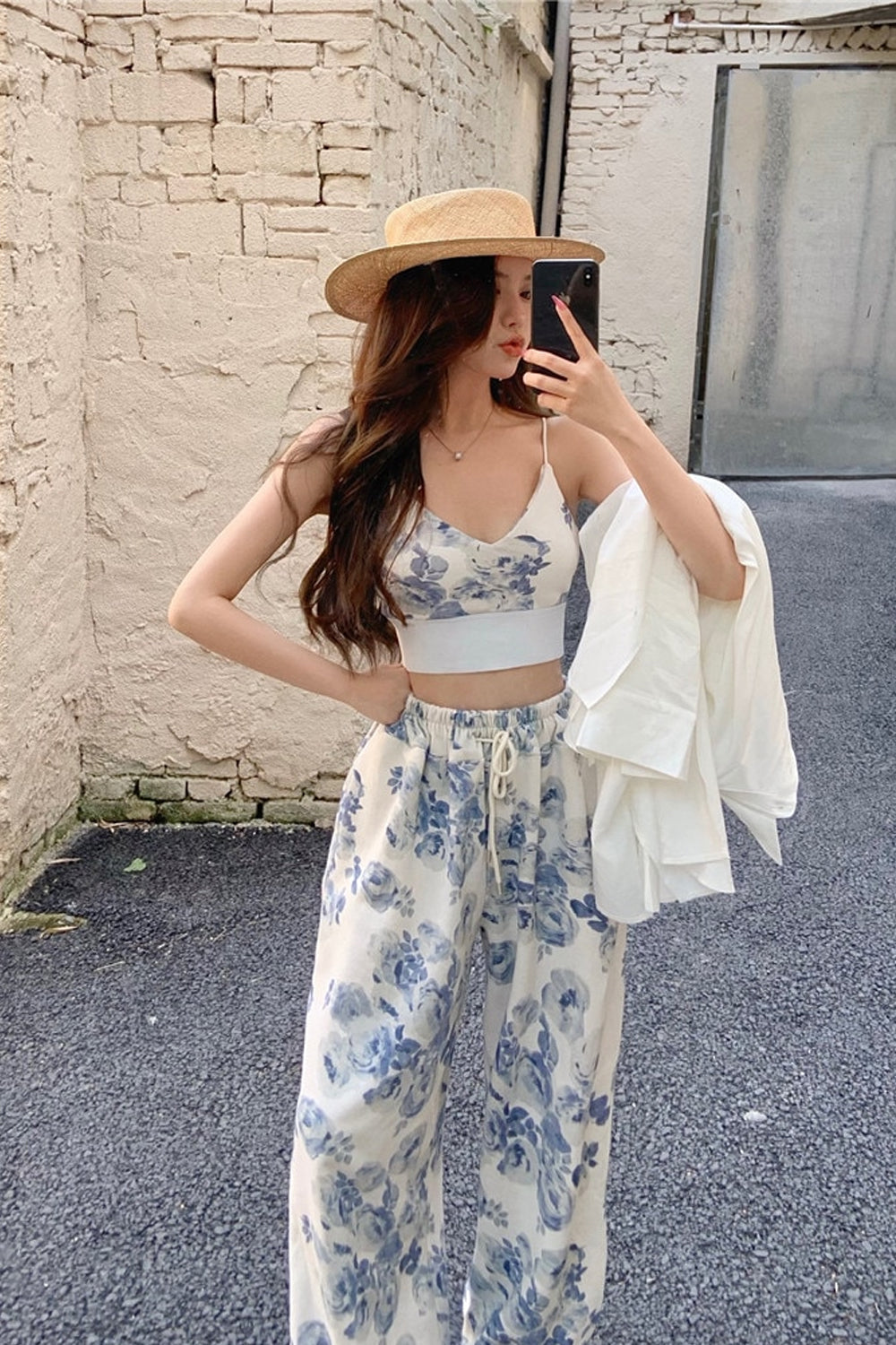 Conjunto casual floral de 2 piezas con top y pantalón 