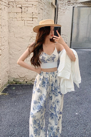 Conjunto casual floral de 2 piezas con top y pantalón 