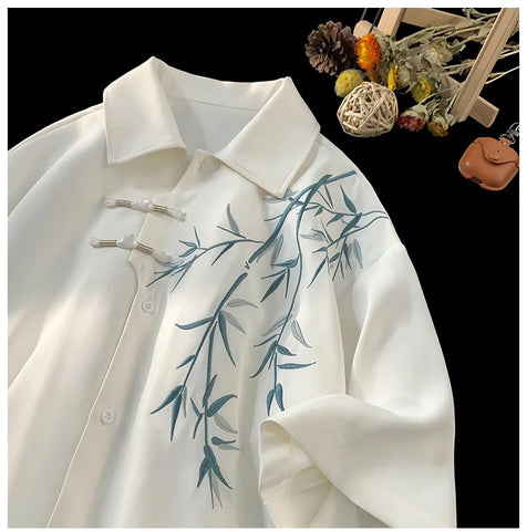 Short Sleeve Leaves Embroidered Pattern Men Shirt