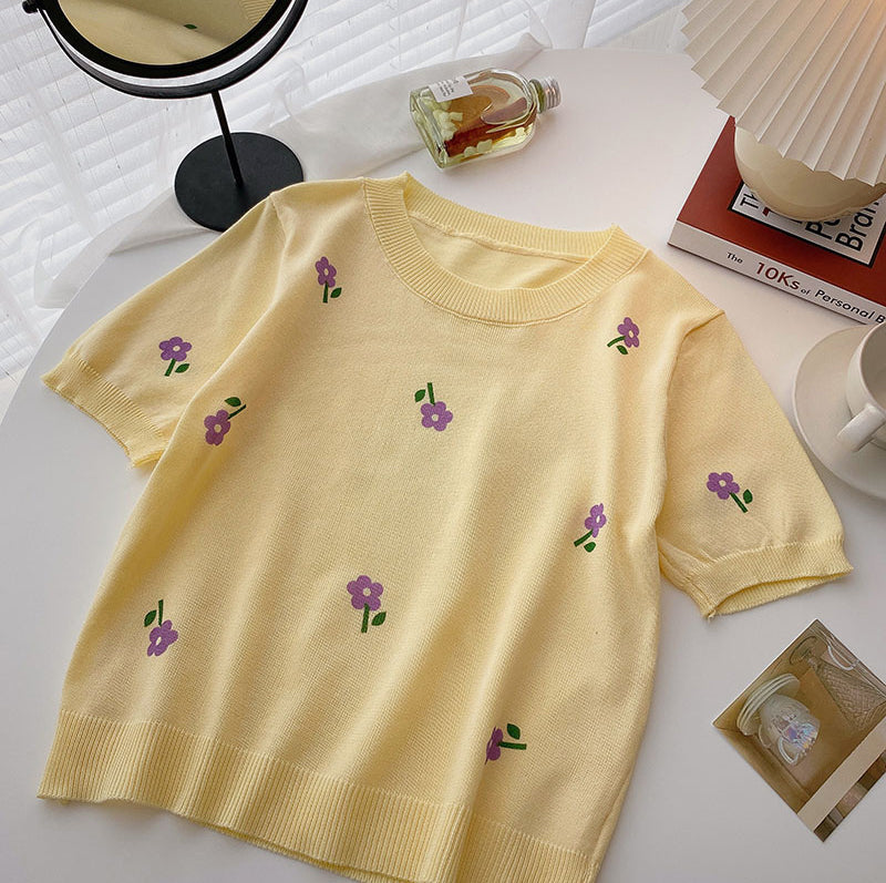 Purple Flower O-Neck Knitted Shirt