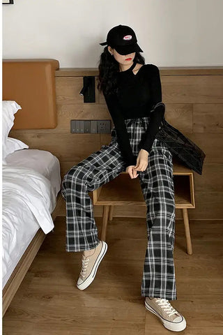 Loose Casual Retro Plaid Long Pants