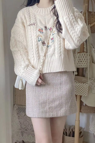 Long Sleeve Floral Embroidered Knitted Retro Sweater