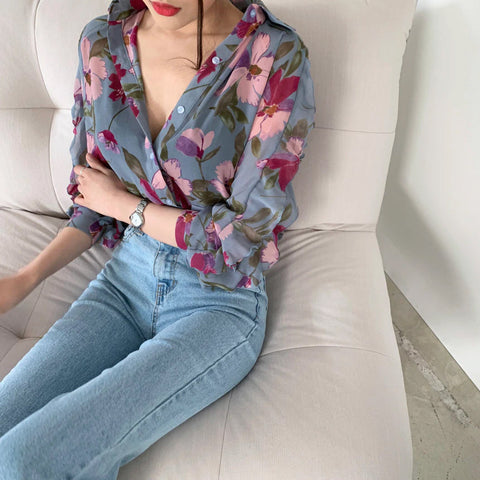 Thin Flowers Pattern Chiffon Blouse Shirt