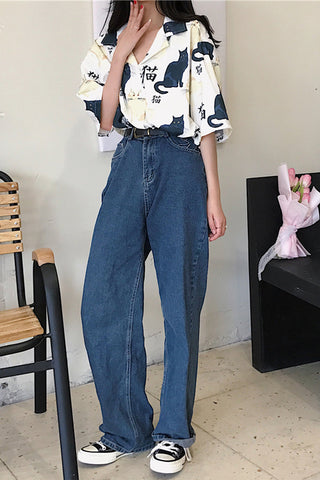 Short Sleeve Cute Cat Pattern Blouse Shirt