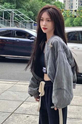 Long Sleeve Cropped Style Grey Denim Jacket