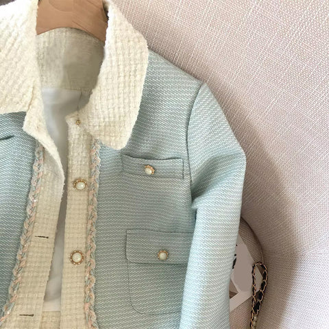 Long Sleeve Light Blue Cropped Elegant Tweed Jacket