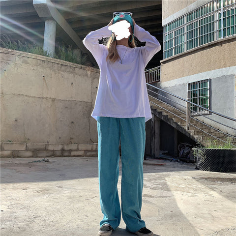 Elastic Waist Blue Corduroy Long Pants