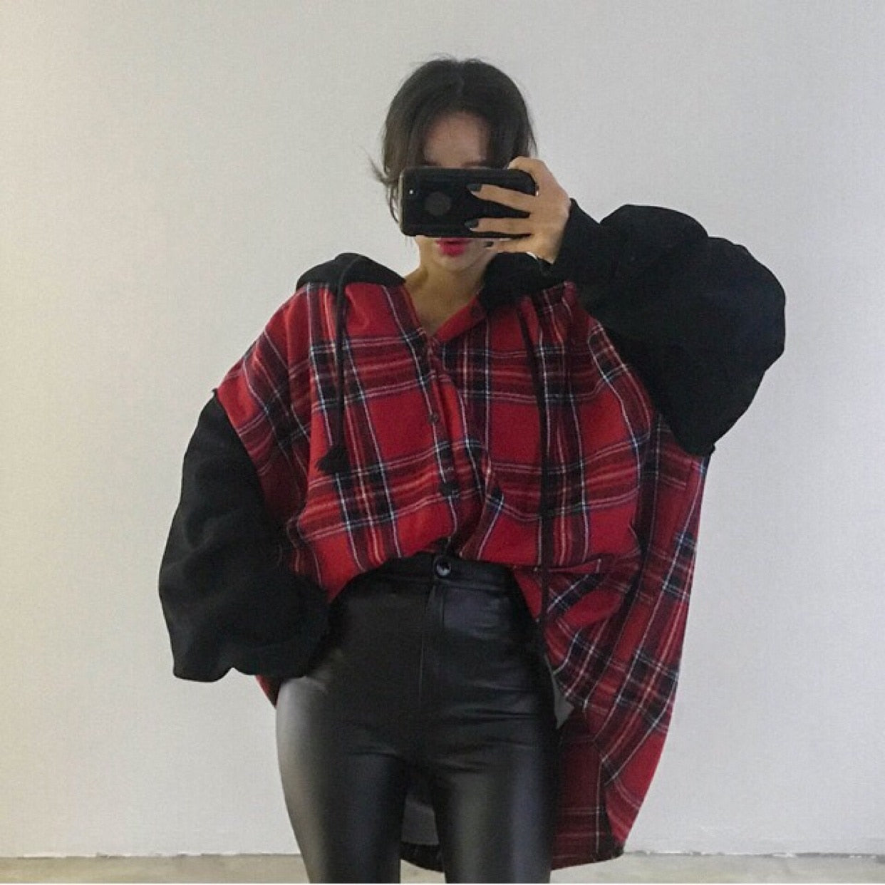 Loose Long Sleeve Plaid Hooded Style