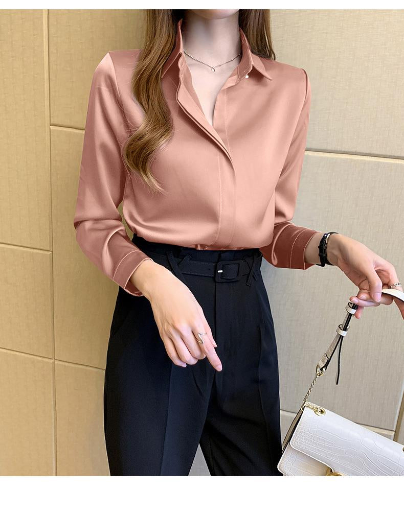 Satin Long Sleeve Office Blouse Shirt