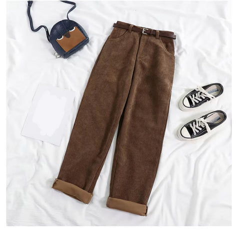 High Waist Long Corduroy Pants With Belt