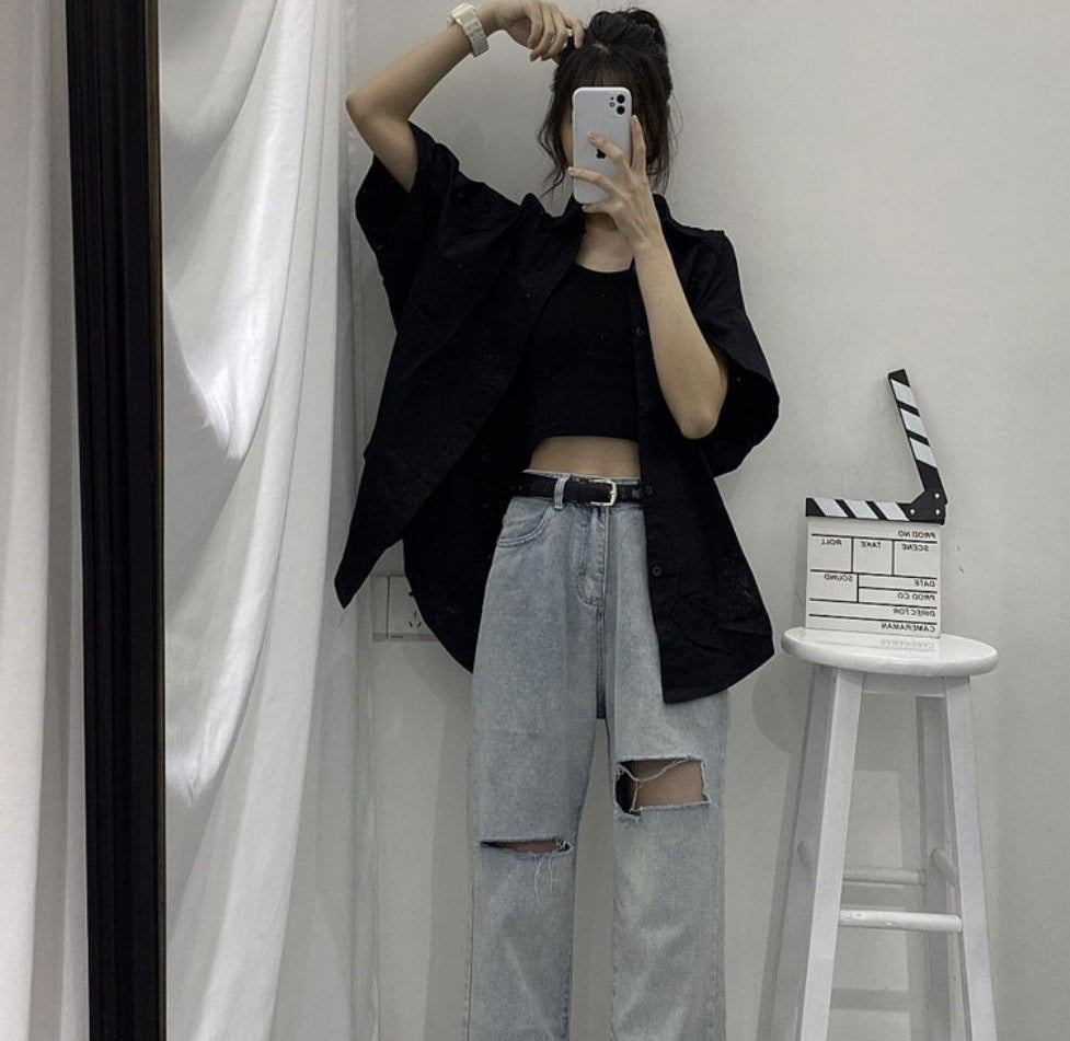 Loose Short Sleeve Solid Blouse Shirt