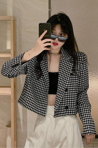 Houndstooth Pattern Notched Blazer Jacket