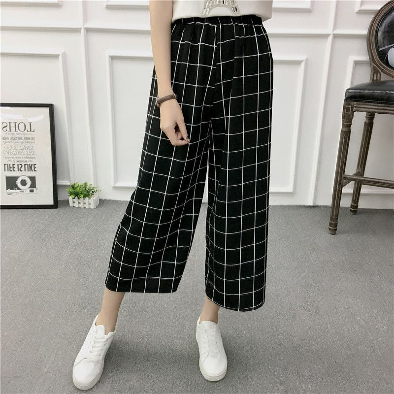 Loose Elegant Plaid Elastic Waist Belted Pants