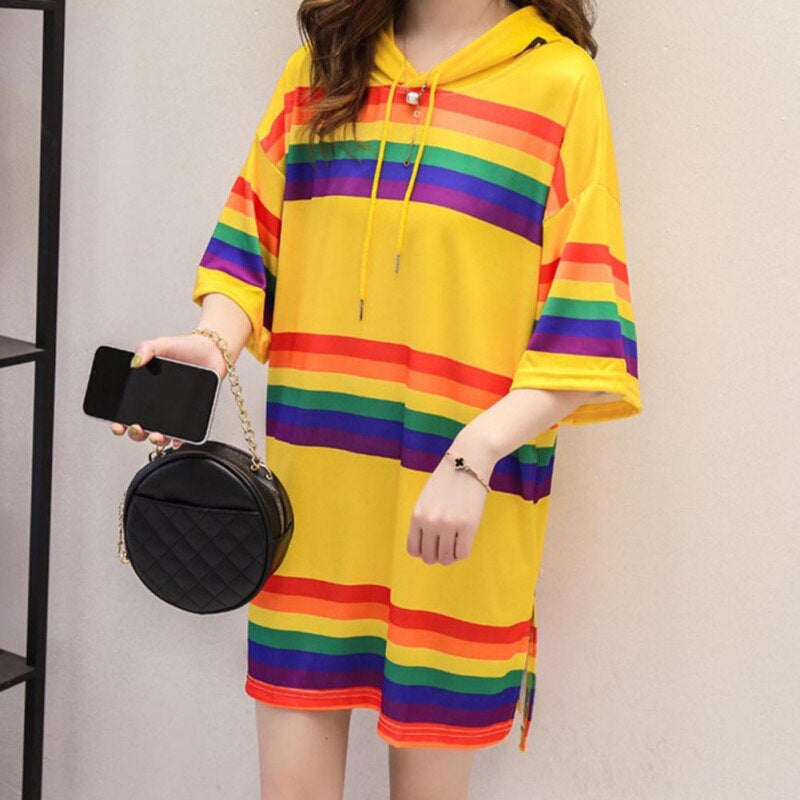 Block Rainbow Hooded Loose Shirt