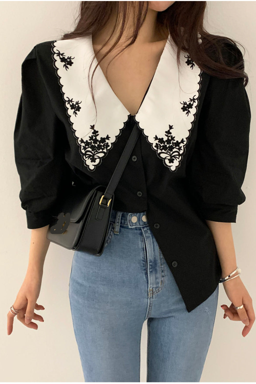 Elegant Floral Embroidered Retro Collar Blouse Shirt